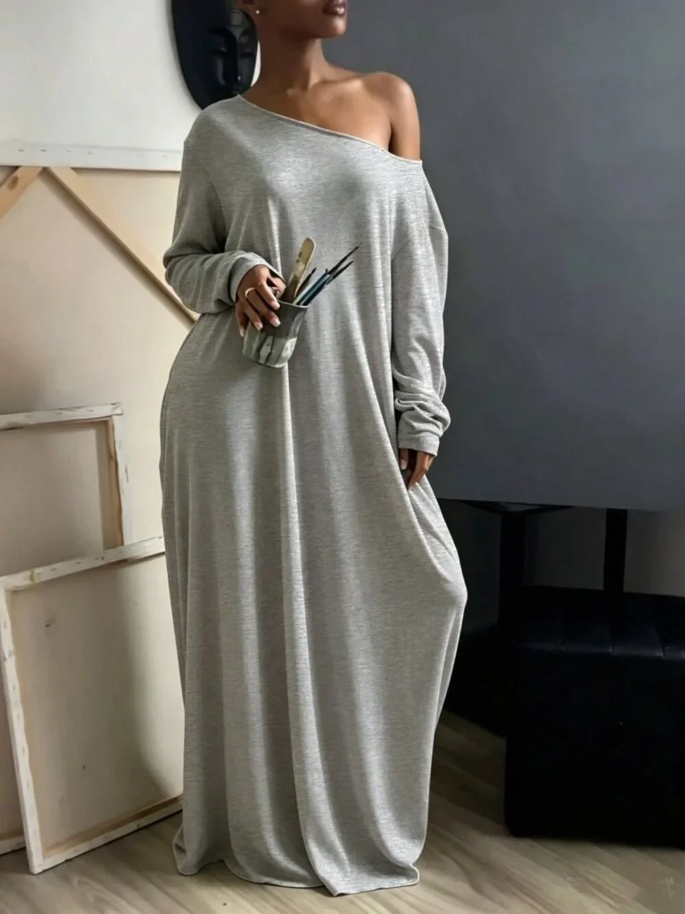 Grey Casual Women's Asymmetrical Shoulder Long Dress